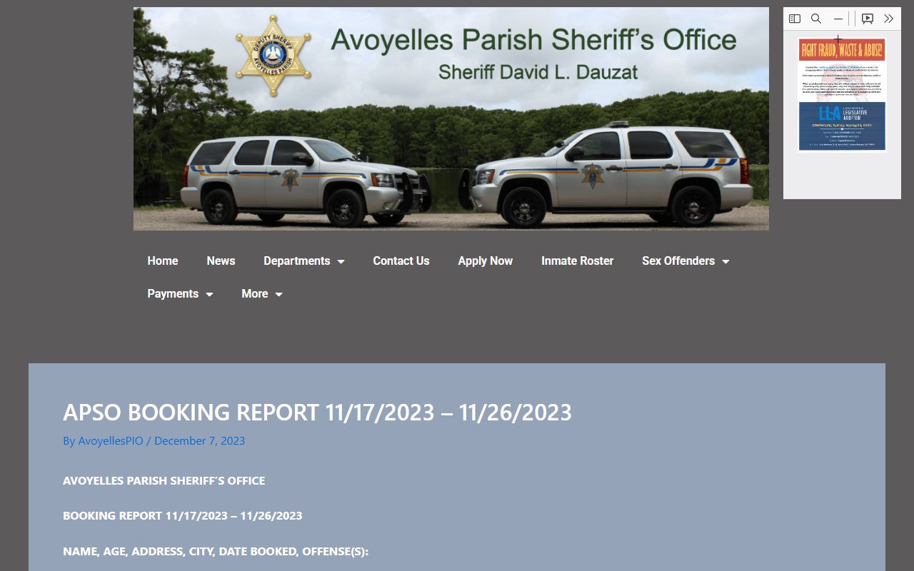 Avoyelles Parish inmate records booking report fields