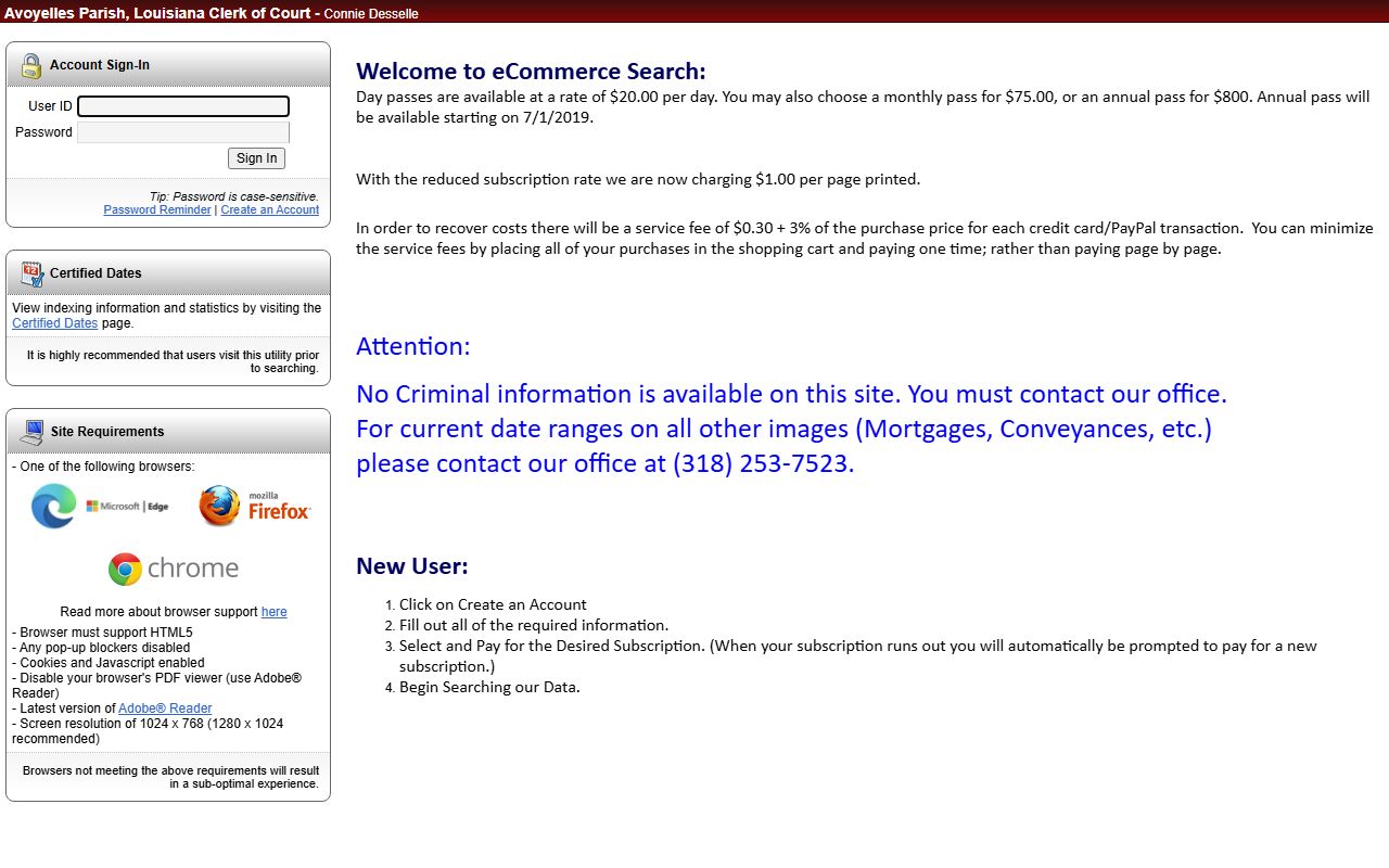 Avoyelles Parish court records eSearch portal noting criminal records are not online