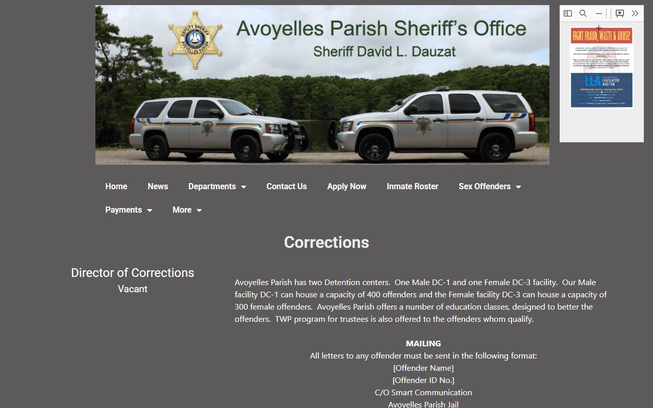Avoyelles Parish Sheriff's Office Corrections page showing DC-1 and DC-3 facility details