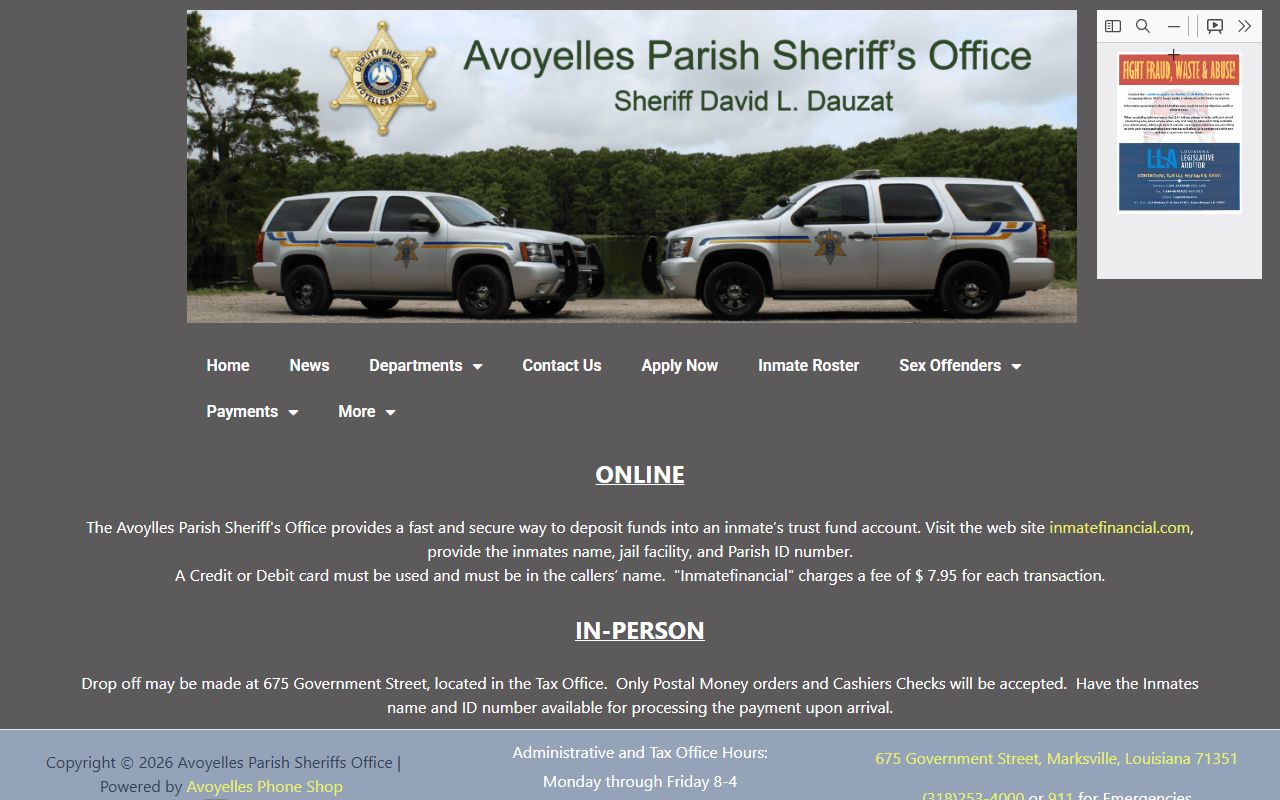 Avoyelles inmate banking page for jail trust account deposits